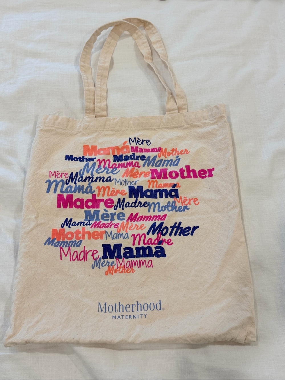 Motherhood Maternity Cream Canvas Tote with Multicolor 'Mother/Mama' Script